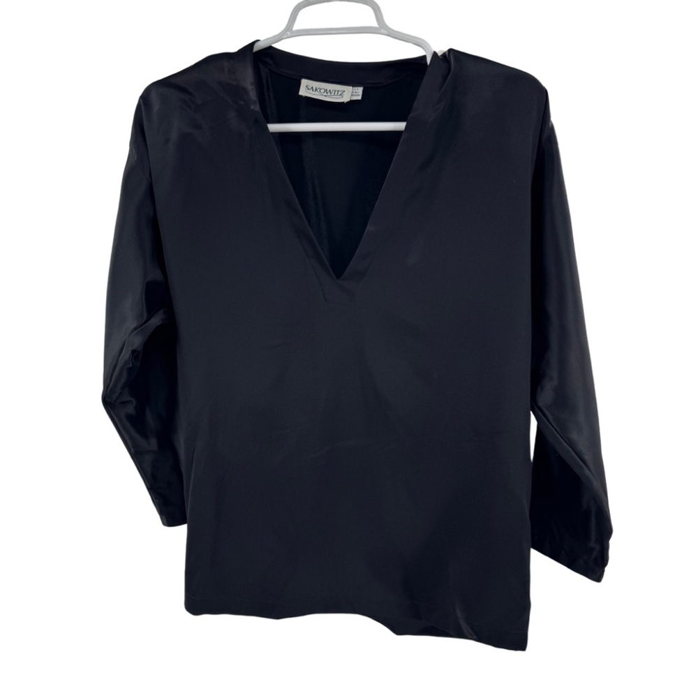 Sakowitz Black V-Neck dolman sleeve 100% silk blouse top S office event holiday